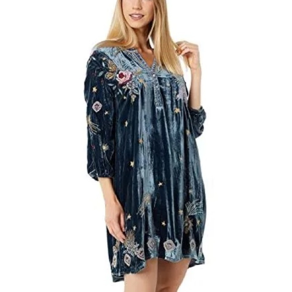 Johnny Was embroidered Selah Celestial Velvet Puff Sleeve Raglan Dress NWT RARE - Picture 11 of 16